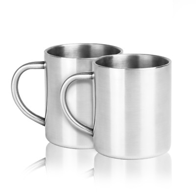 Set Of 2 Stainless Steel Mugs Double Walled Cup 300ml Steel Mugs M W Ebay