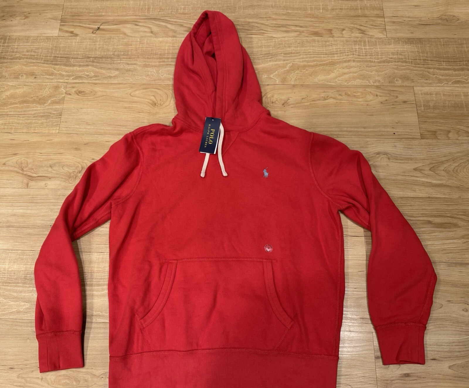 Polo Ralph Lauren uomo RL pile cucito pony pullover felpa con cappuccio rosso salmone nuovo con etichette M