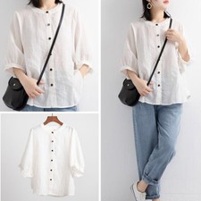 Women Linen Shirts Puff Sleeve T Shirts Solid Simple Clothes Tops Loose Clothing