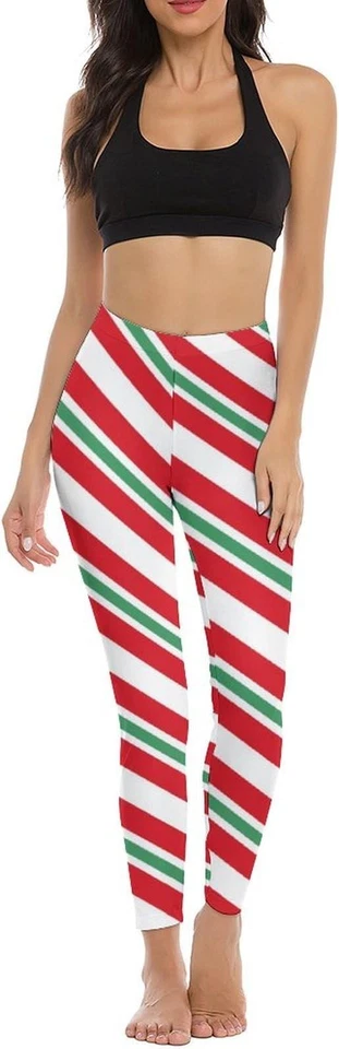 Candy Cane Christmas Leggings for Women | Holiday Striped High Waist Yoga Pants - Image 2 of 4