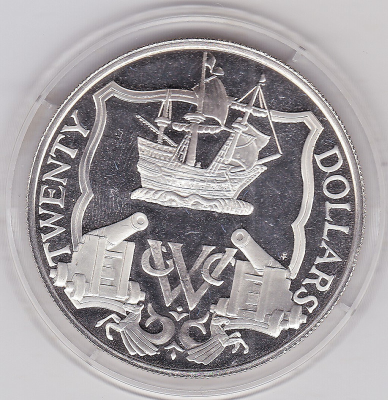 1985   BVI  Large  20  Dollar   Sterling  Silver  Proof  Coin   'Dutch Ship'