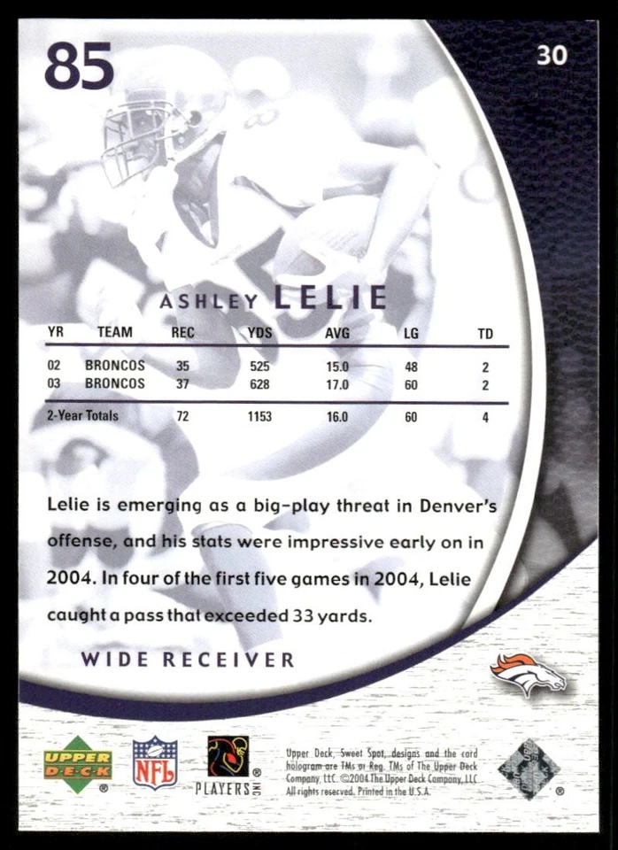 2004 Upper Deck Sweet Spot #30 Ashley Lelie Denver Broncos Football Card - Image 2 of 2