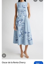 SOLD OUT OSCAR DE LA RENTA CHERRY BLOSSOM PRINTED DENIM MIDI DRESS Recpt sticker