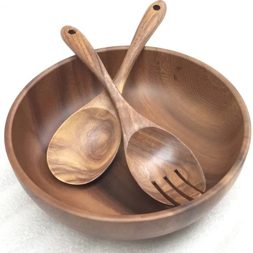 Wooden Salad Bowl Set, 9.45 inch Acacia Wood Large Salad Serving Bowl with Fo...