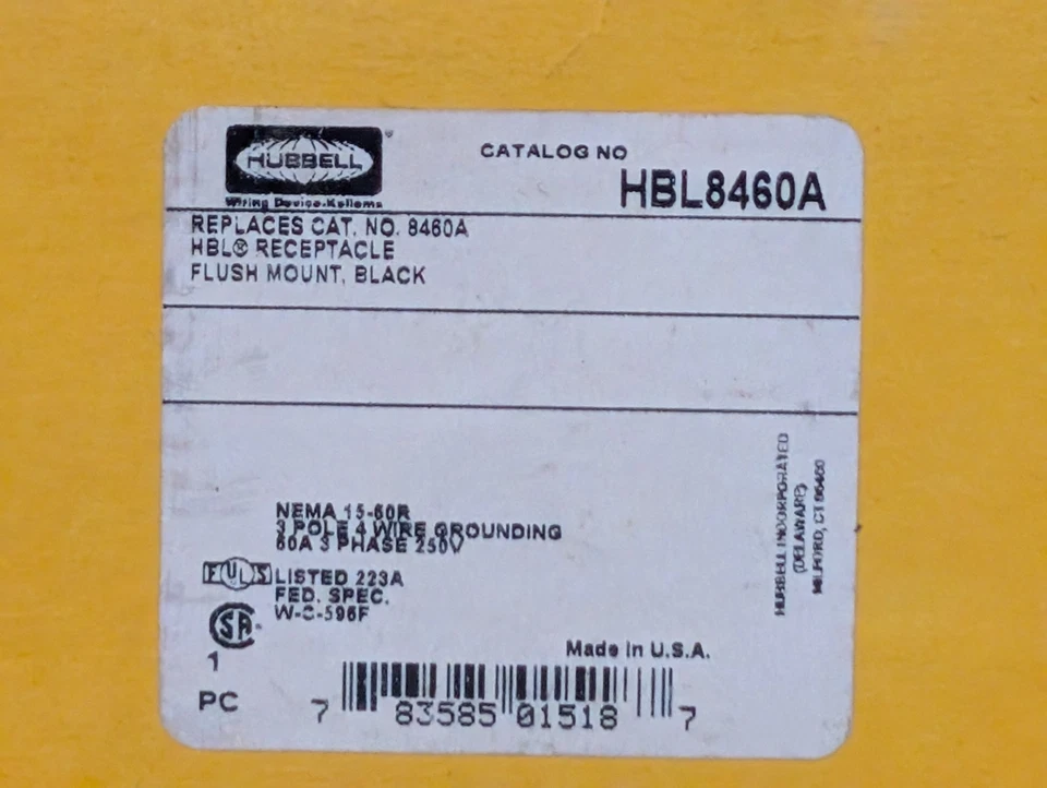 Hubbell HBL8460A Straight Blade Receptacle, 15-60R, 60 A, 3-Pole, 4-Wire, 250vac - Image 2 of 4
