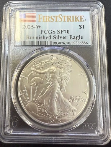 2025-W $1 American Silver Eagle Burnished SP70 First Strike PCGS 886