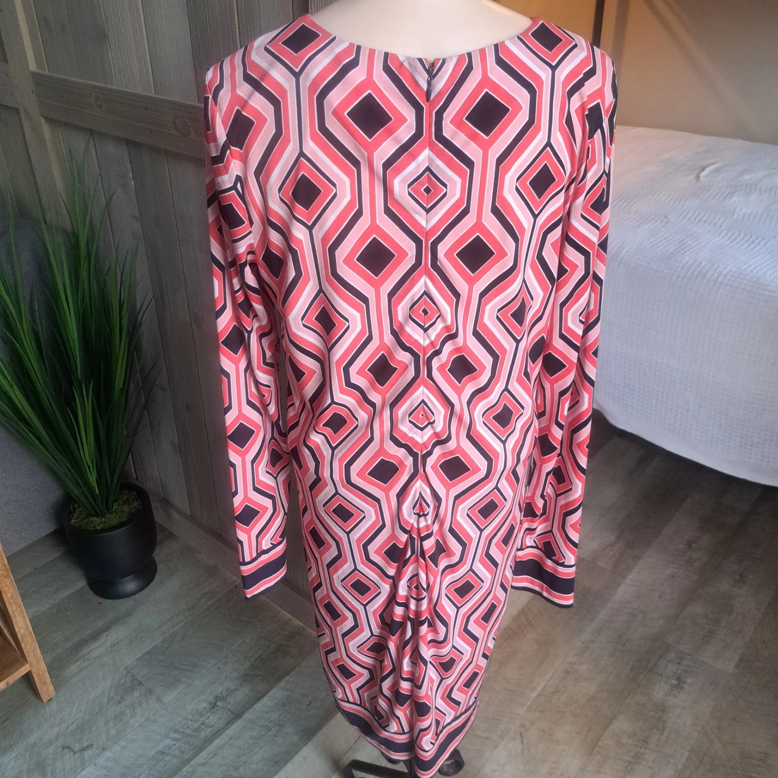 Abito tubino MICHAEL KORS piccolo rosa geometrico manica lunga jersey ispirato agli anni 70