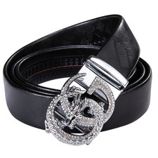 Men's Black Leather Ratchet Belt Crystal?Set Silver Dragon Automatic Buckle Gift