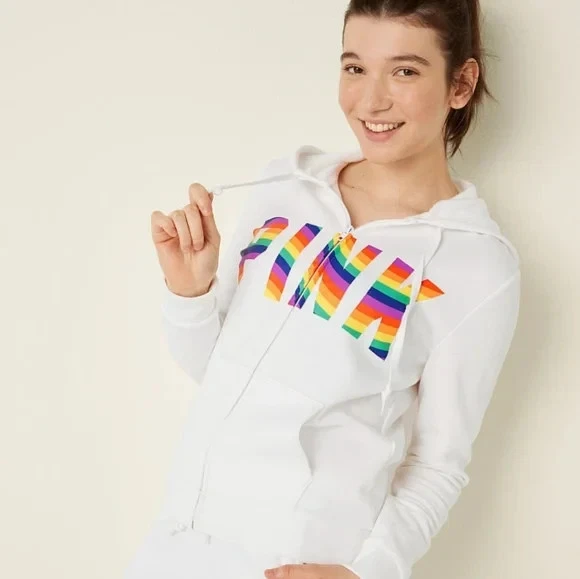 UNDERCOVER Felpa con cappuccio e zip Victoria's Secret unisex arcobaleno ROSA bianca in pile taglia XS PREZZO AL PUBBLICO £62