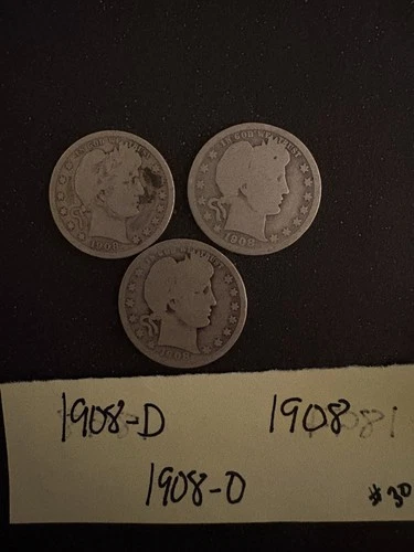 Barber Quarters Lot Of 3-1908-D, 1908, 1908–O-90% Silver