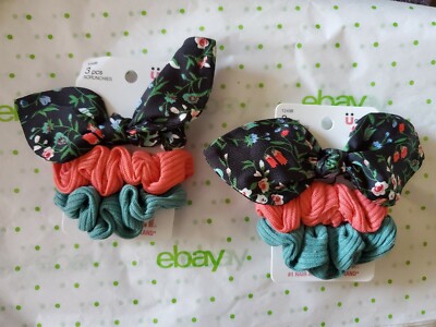 Scünci Pcs U Got This Hair Scrunchies W/ Floral Bow Coral Teal Colors  12498