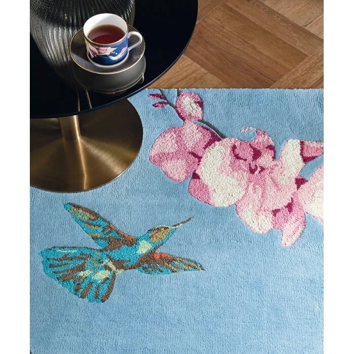 Hand-tufted Hummingbird Blue Silk & Wool Area Rug Modern Design Carpet - Image 4 of 4