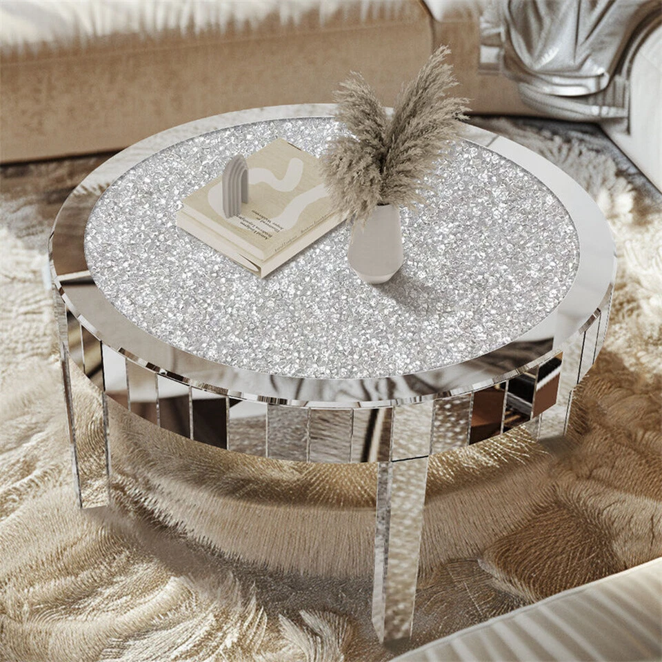 FATIVO Large Round Mirrored Coffee Table Beveled Bling Crushed Diamond End Table - Image 2 of 4