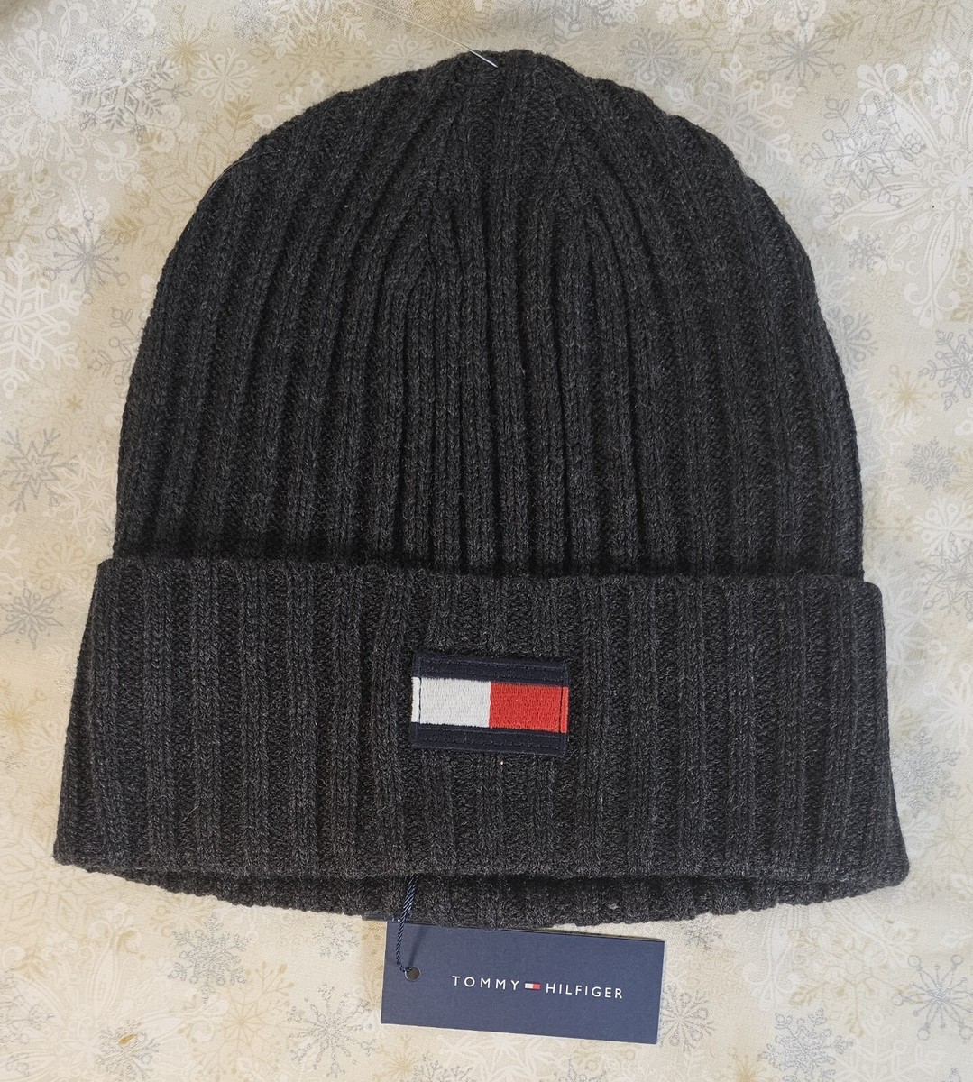 Tommy Hilfiger Cuffed Knit Beanie Hat Navy w/ Iconic Flag 