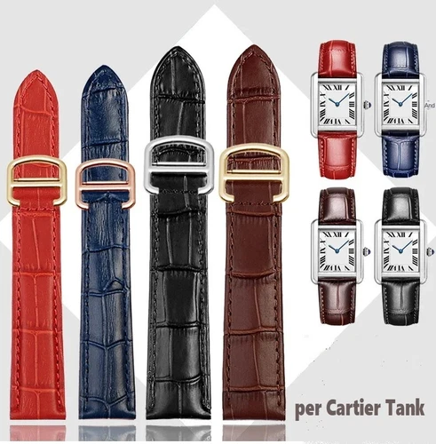 Leather Watch Strap for Cartier Tank 16mm 18mm 20mm Black Red Blue Brown