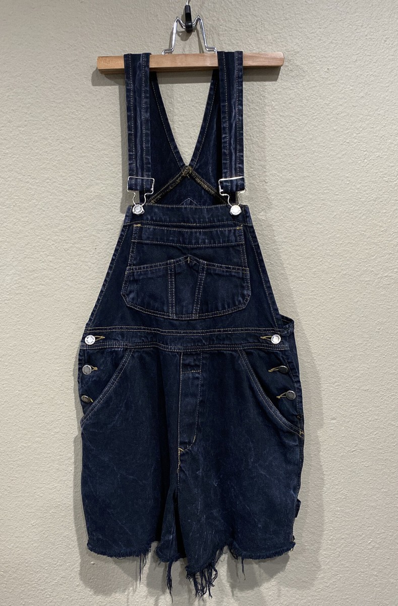 Vtg London London Overall Shorts Womens Small Black Blue Denim Bib  display picture 1