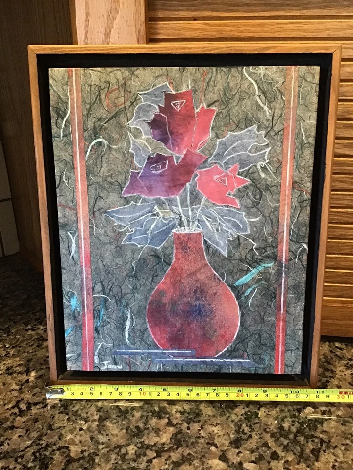 Arte collage japonés hecho a mano de papel medios mixtos 3 rosas por JEAN JAMES Shadowbox Foto 3 de 4