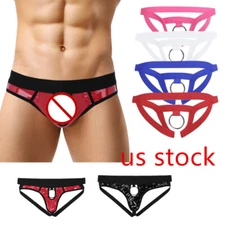 Mens Faux Leather Bikini Briefs Jockstrap Underwear Underpants with Hole O-Rings