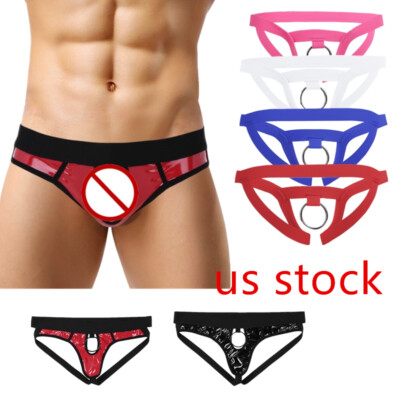Men Faux Leather G String Jockstrap Open Hole Underwear Lingerie  with O Ring