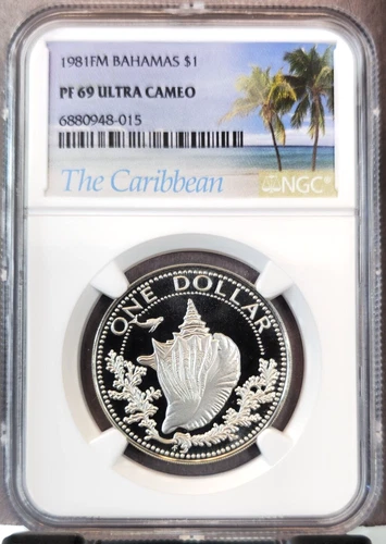 1981 BAHAMAS 1 DOLLAR CONCH SEASHELL NGC PF 69 ULTRA CAMEO RARE LOW MINTAGE