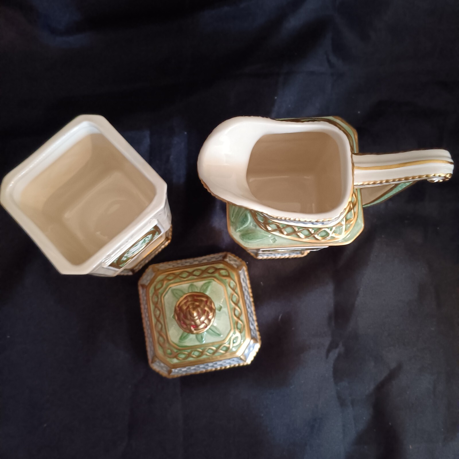 Fitz & Floyd Gregorian Pedestal Creamer and Sugar Set Green & Gold New Open  Box