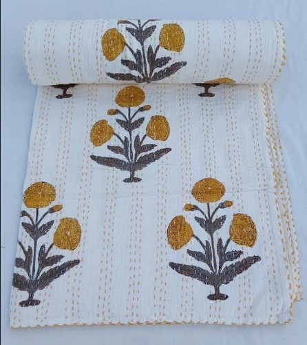 Indian Handmade Kantha Quilt White Hand Block Print King Size Bedspread Blanket - Picture 2 of 3