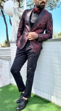 Mens Damascus Bordeaux Wedding Fancy Tuxedo Dress