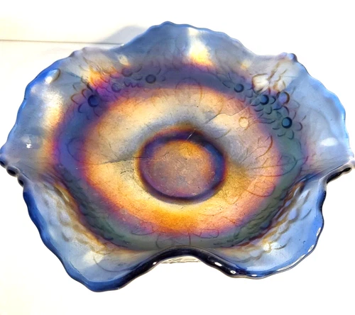 Small Carnival Glass Blue Bowl Footed Daisies Ruffled Edge 6" Depression Era