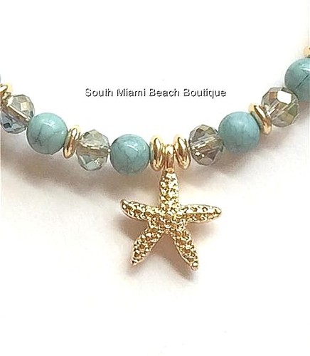 Pearl Sea Life Bracelet Aqua Shell Starfish Island Beach Gold Plated Stretch - Picture 5 of 12