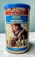 Playskool Letter Wood Blocks Vintage 1977 ALL 30 BLOCKS IN ORIG TUBE CONTAINER