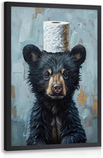 Funny Bathroom Wall Art, Black Bear Toilet Paper Wall Decor, Cute Animal Canvas