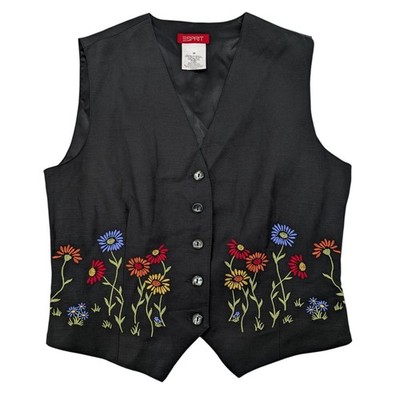 Vintage 90s Esprit Black Floral Embroidered Vest Womens Medium Boho Linen Blend