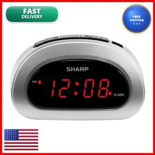 Sharp Digital Alarm Clock, Snooze, Battery Backup, Silver Case, Red LED Display
