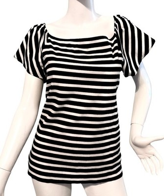 {LAUREN RALPH LAUREN0} Shirt/Top Sz. L Black & White Stripe Flutter Cotton Blend