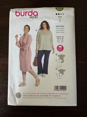 BURDA 5934 - LADIES ''V'' NECKLINE TUNIC & STRAIGHT DRESS PATTERN 18-28 