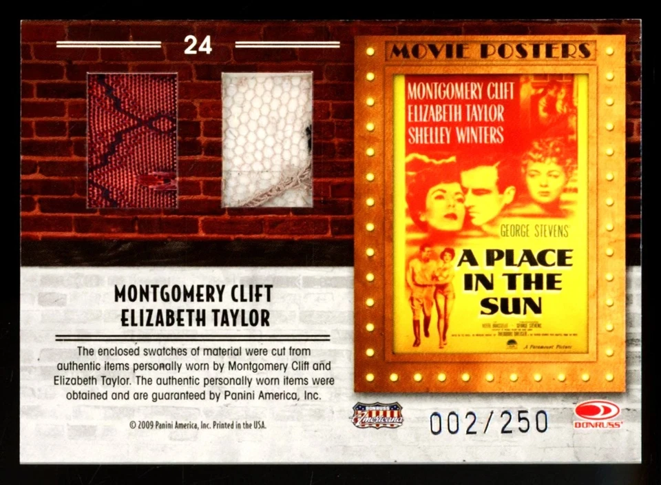 2009 DONRUSS AMERICANA ELIZABETH TAYLOR MONTGOMERY CLIFT MOVIE POSTER RELIC /500 - Image 2 of 2