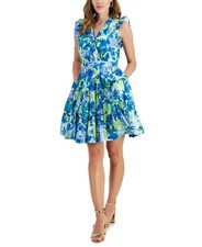 Taylor Women's Printed A-Line V-Neck Dress-Chart/Ocean Blue-8