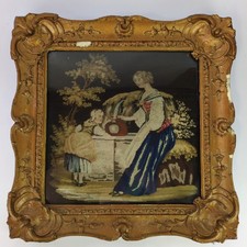 Antique Needlepoint Tapestry Picture Lady Child Gilt Frame Garden Victorian 41cm