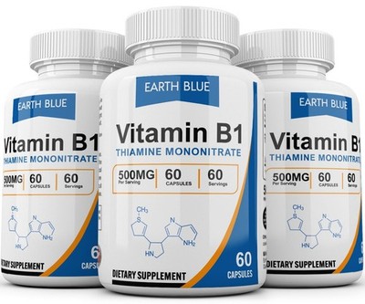 Earth Blue Vitamin B1 (Thiamin) 500mg  180 Capsules - Gluten Free & Non-GMO USA