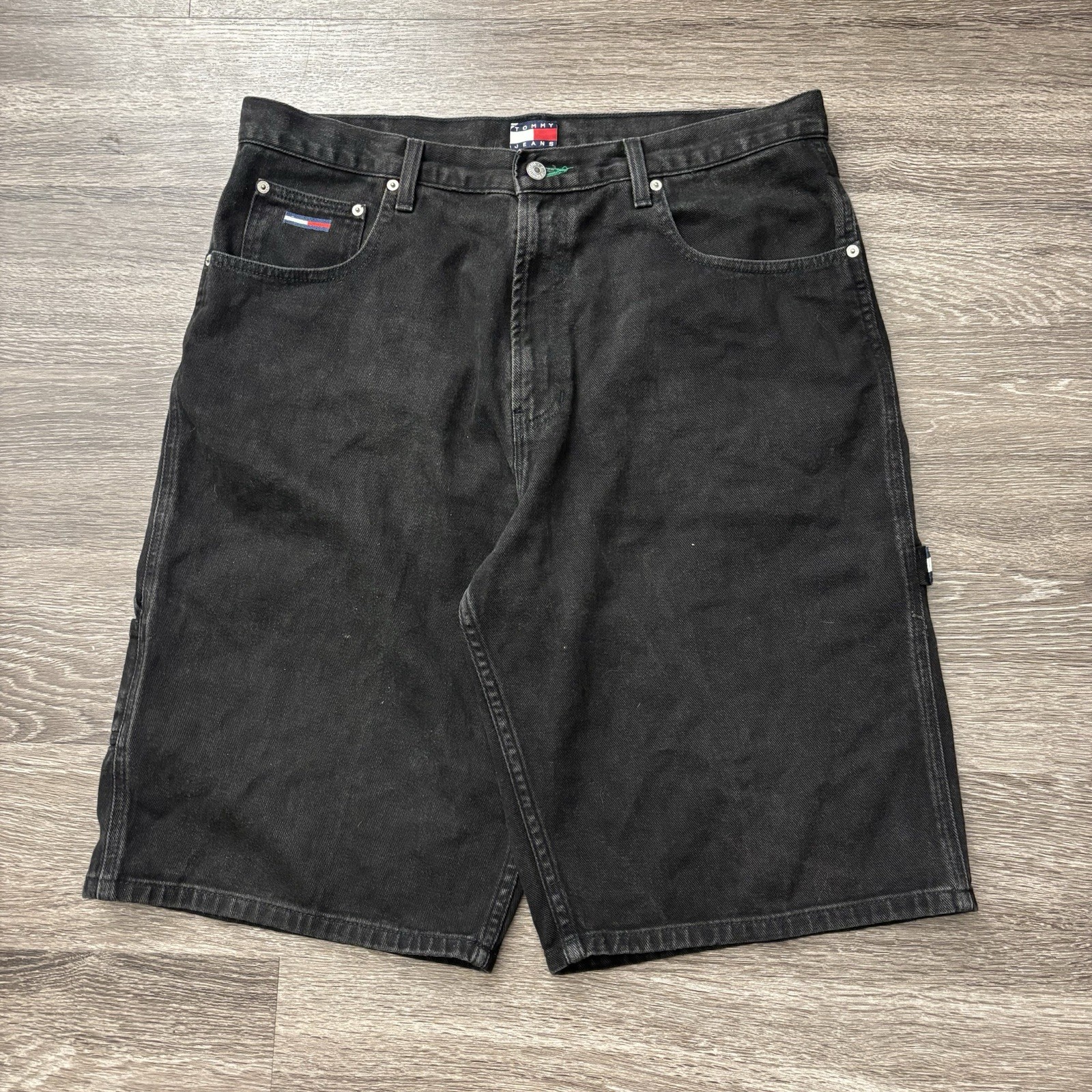 Vintage Tommy Hilfiger Jean Shorts Sz 36 Black Baggy Skater Carpenter JNCO Y2K