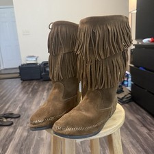 Minnetonka Moccasin Boho Brown Double Fringed Suede Women  s Calf Hi Boots 11