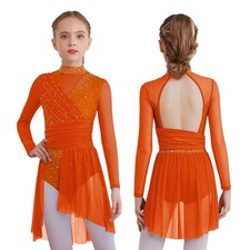 UK Lyrical Dance Costume for Girls Rhinestones Long Sleeve Mesh Ruched Keyhole