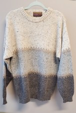 Vintage Mens Wool Knit Grandpa Sweater, Fair Isle Retro Sz L Pullover Crewneck