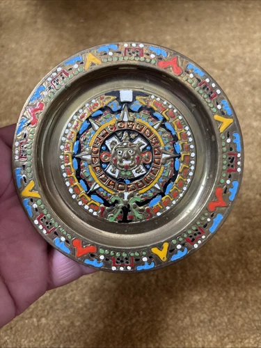 Mexico Copper Enameled Mayan Aztec  Folk Art  Metal Decor Wall 4 3/4” Wall Plate