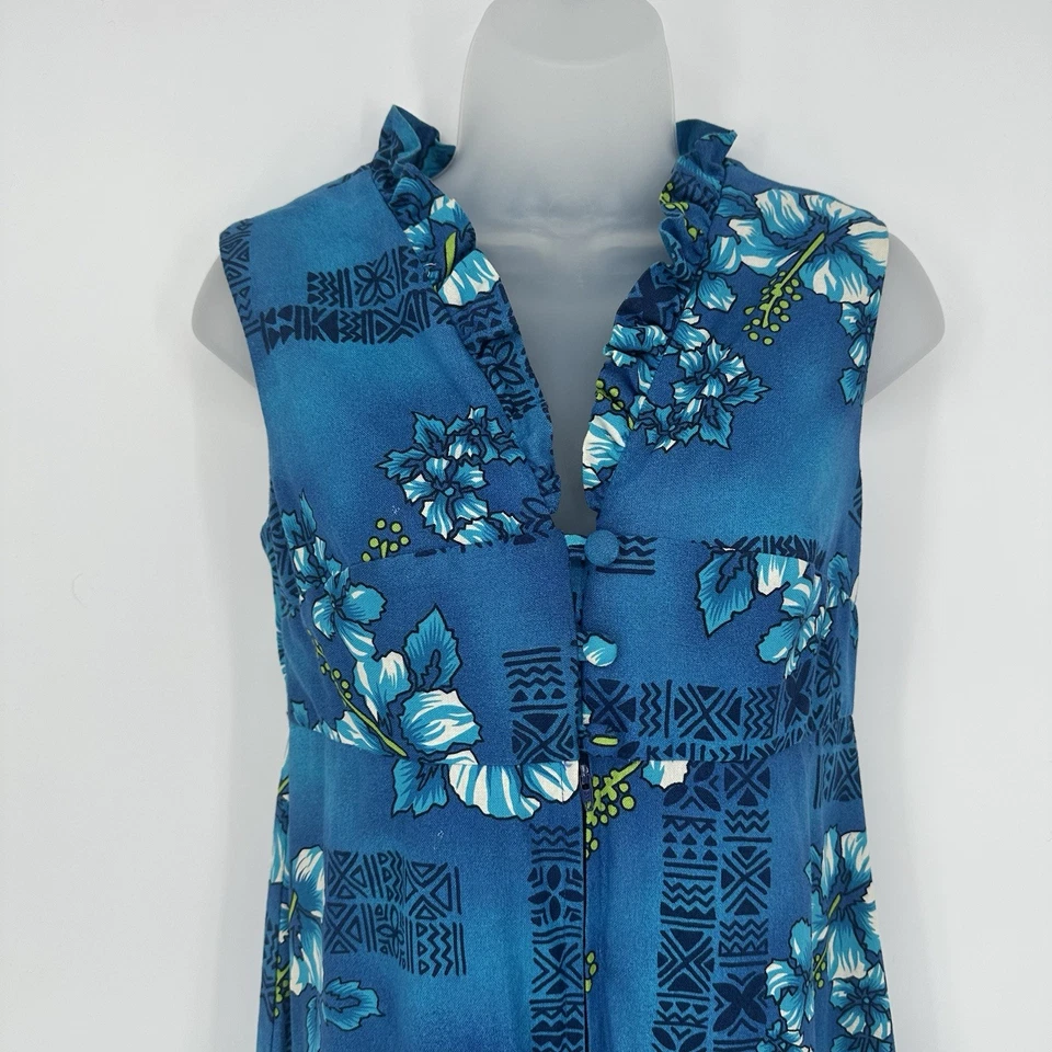 Винтажный 60-х 70-х гавайский макси платье Hukilau моды синий цветочный завышенной талии оборки - Изображение 4 из 4