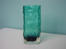 Vintage Turquoise Textured Rectangular Bark Glass Vase by Ingrid Glashutte