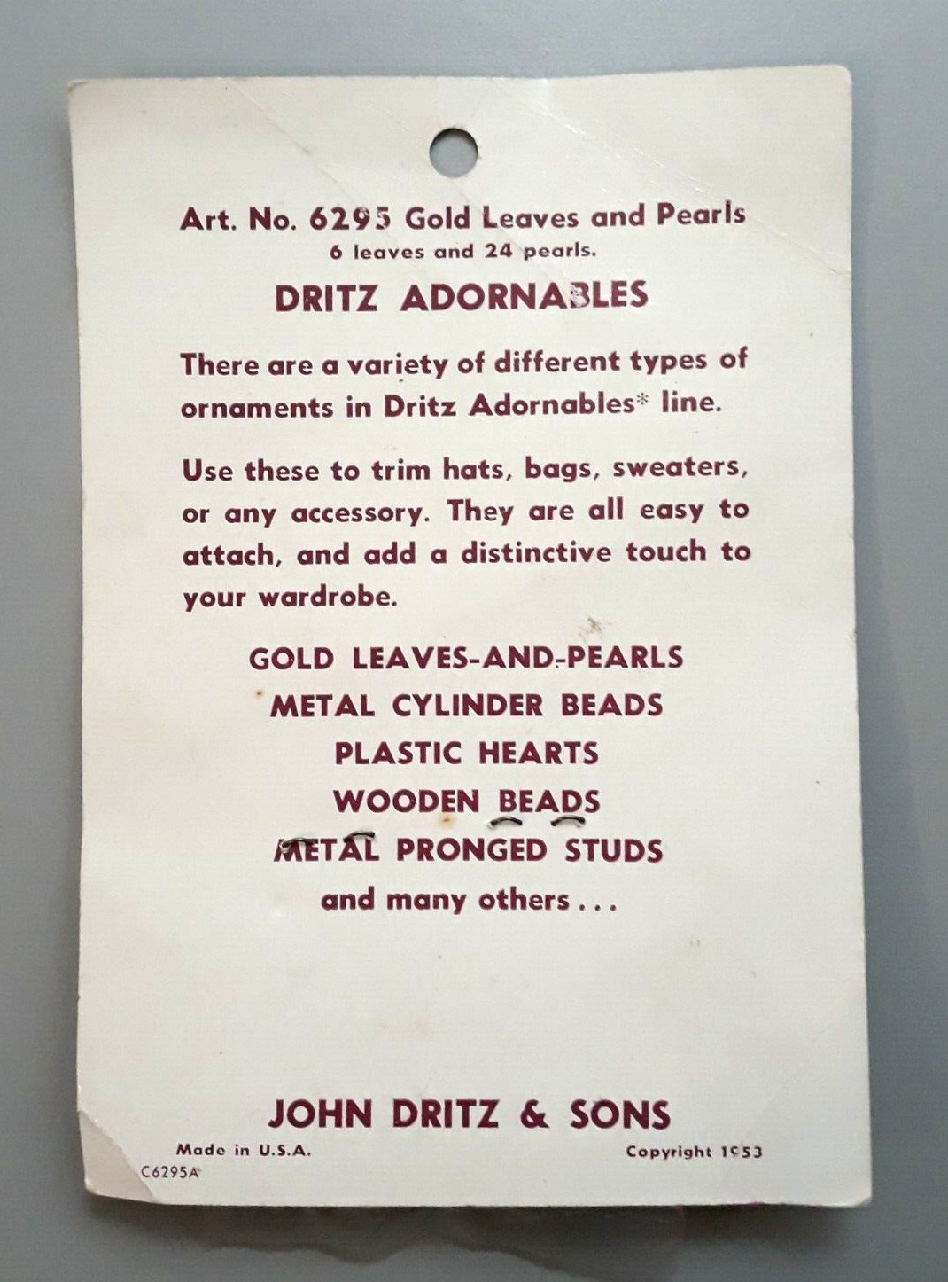 Vtg 1953 DRITZ ADORNABLES No 6295 Gold Leaves and Pearls Trim Sewing Hats Bags