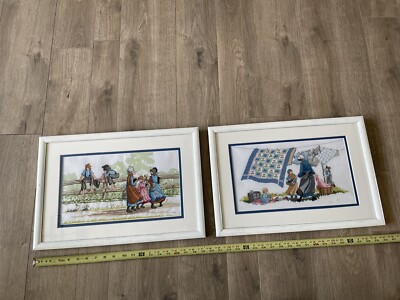 Set Of 2 Completed Crosstitch Country Kids & Clothesline Custom Framed 19x13