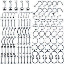 110Pcs Nose Hoop Belly Ring Lip Eyebrow Silver 14G 16G Body Piercing Jewelry Set