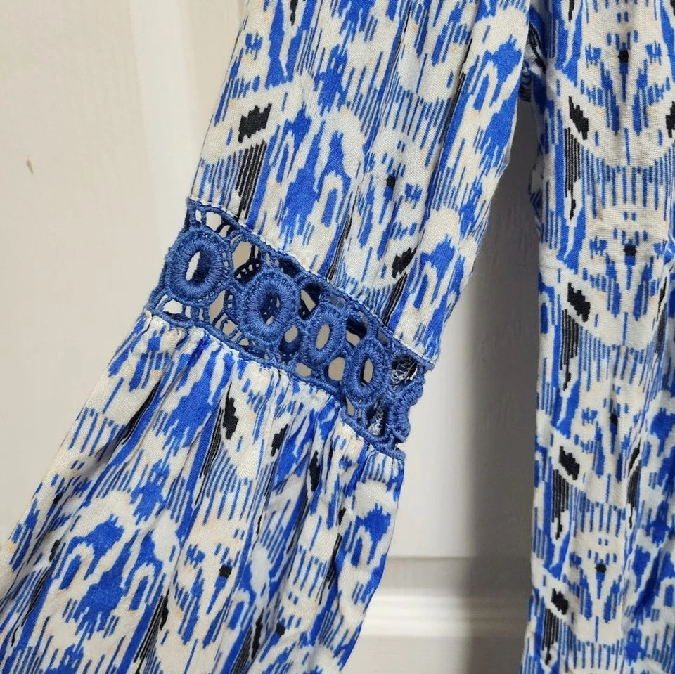Vestido Ella Moss tamanho XS azul Ikat balão de crochê manga comprida praia cobrir boho - Imagem 4 de 4